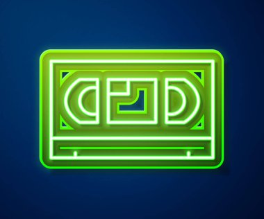 Parlayan neon hattı VHS video kaset ikonu mavi arkaplanda izole edildi. Vektör