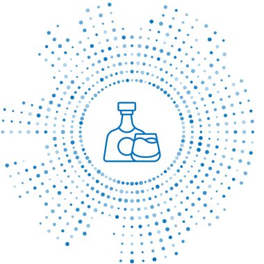 Mavi çizgi viski şişesi ve beyaz arka planda izole edilmiş cam ikon. Soyut çember rastgele noktalar. Vektör