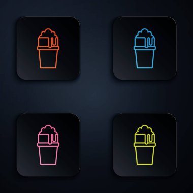 Renkli neon çizgisi. Siyah arka planda izole edilmiş bira ikonu camı. Kare düğmelere simgeleri yerleştir. Vektör