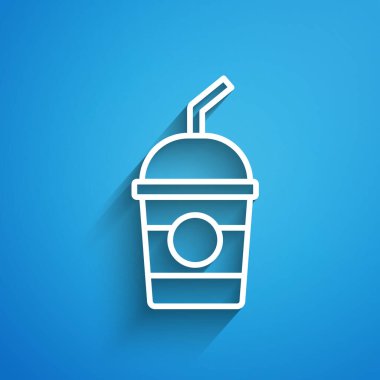 Beyaz çizgi milkshake simgesi mavi arkaplanda izole edildi. Kapaklı ve samanlı plastik bardak. Uzun gölge. Vektör