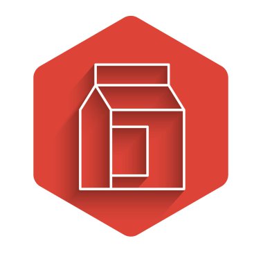 Süt ikonu için uzun gölgeli beyaz çizgi kağıt paketi. Süt paketi işareti. Kırmızı altıgen düğmesi. Vektör