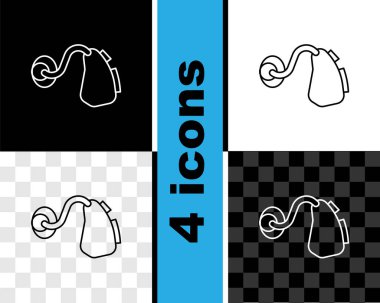 Çizgi İşitme cihazı simgesi siyah beyaz, şeffaf arkaplanda izole edildi. Kulak ve işitme. Vektör