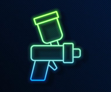 Parlak neon hattı sprey tabanca ikonu mavi arkaplanda izole edildi. Vektör