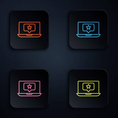 Siyah arkaplanda yıldız simgesi izole edilmiş renkli neon çizgi dizüstü bilgisayarı. Favori, en iyi derecelendirme, ödül sembolü. Kare düğmelere simgeleri yerleştir. Vektör