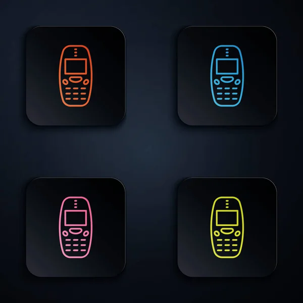 Color neon line Old vintage keypad mobile phone icon isolated on black background. Retro cellphone device. Vintage 90s mobile phone. Set icons in square buttons. Vector — Stock Vector