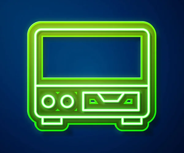 Leuchtende Neon-Linie Altes Videokassettenspieler-Symbol isoliert auf blauem Hintergrund. Alte schöne Retro-Hipster-Videorecorder. Vektor — Stockvektor
