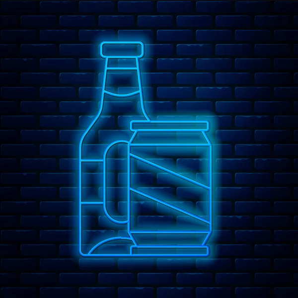 Светящаяся неоновая линия Пивная бутылка и пивная банка икона изолированы на фоне кирпичной стены. Вектор — стоковый вектор