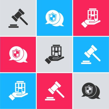 Set Judge gavel, Location shield and House in hand icon. Vector