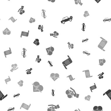 Set Car, Life insurance in hand, Document with shield and on seamless pattern. Vector