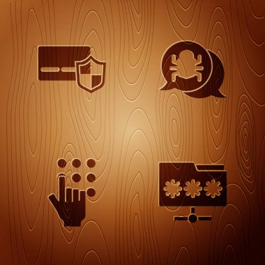 Set Folder with password, Credit card shield, Password protection and System bug on wooden background. Vector
