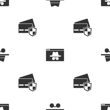Set Incognito mode, Browser incognito window and Credit card with shield on seamless pattern. Vector