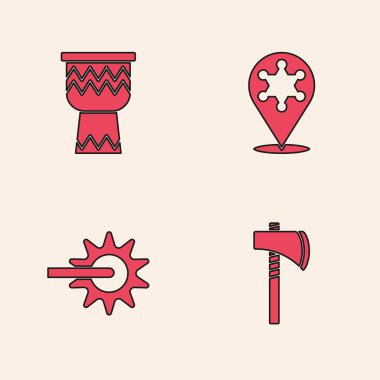 Set Tomahawk axe, Drum, Hexagram sheriff and Spur icon. Vector