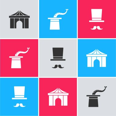 Set Circus tent, Magician hat and icon. Vector