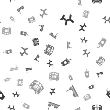 Set Balloon dog, Bumper car, Paper glass with water and Circus wagon on seamless pattern. Vector