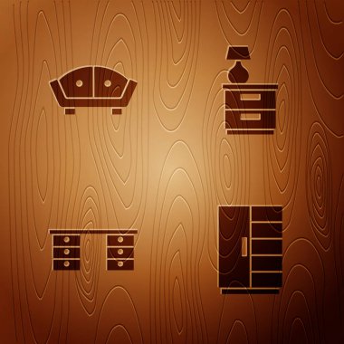Set Wardrobe, Sofa, Office desk and Furniture nightstand with lamp on wooden background. Vector