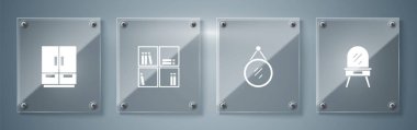 Set Dressing table, Mirror, Shelf with books and Wardrobe. Square glass panels. Vector