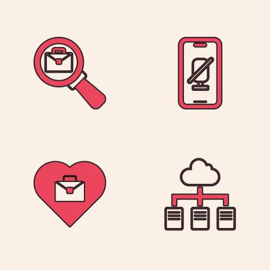 Set Online working, Magnifying glass with briefcase, Mute microphone on mobile and Heart text icon. Vector