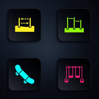 Set Double swing, Abacus, Skateboard trick and Horizontal bar. Black square button. Vector