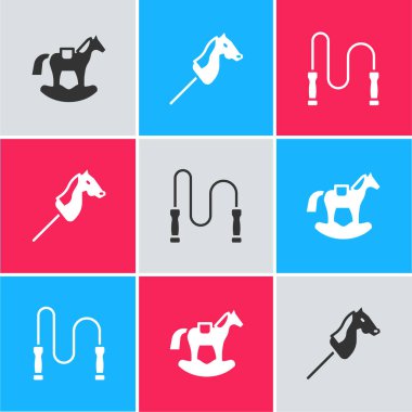 Set Horse in saddle swing, Toy horse and Jump rope icon. Vector