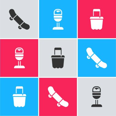 Set Skateboard trick, Trash can and Sand in bucket icon. Vector