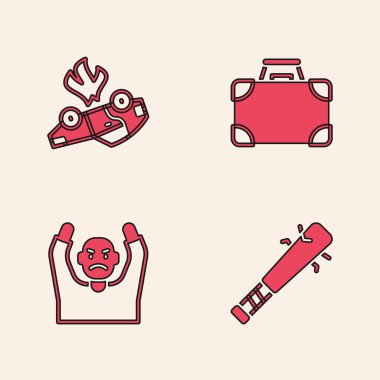 Beyzbol sopasını çivili, yanan arabalı, çantalı ve paralı ayarla. Hırsız ellerini havaya kaldırıyor. Vektör