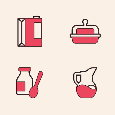 Süt sürahisi ya da sürahi, kefir için kağıt paketi tereyağında tereyağı ve yoğurt şişesi ikonu. Vektör