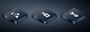 Isometric Boya sprey tabancası, İngiliz anahtarı ve araba anahtarını uzaktan kumandalı simgeyle ayarla. Vektör