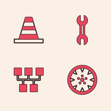 Alloy tekerleği, trafik konisi, İngiliz anahtarı ve vites kutusu simgesini ayarla. Vektör