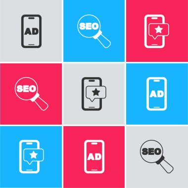 Reklamcılığı, SEO optimizasyonunu ve Mobil 'i değerlendirme derecelendirme simgesiyle ayarla. Vektör