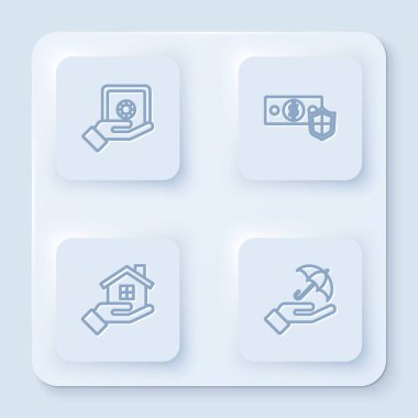 Hat güvenli, paralı kalkan, House ve Şemsiye. Beyaz kare düğme. Vektör