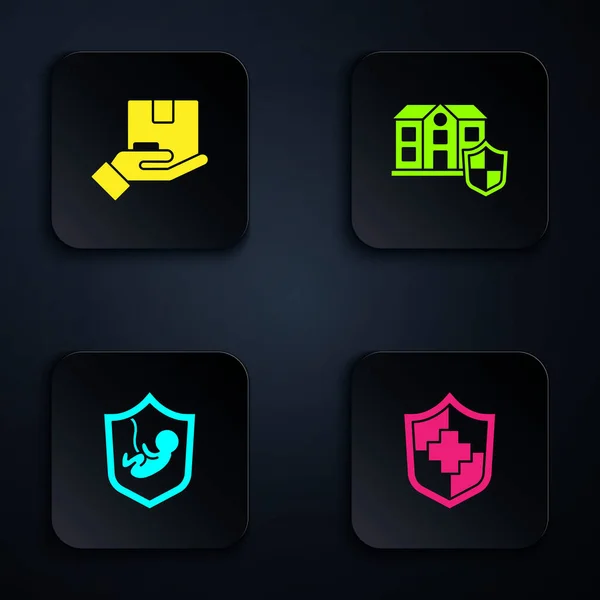 Set Life insurance with shield, Delivery, and House. Black square button. Vector — 스톡 벡터