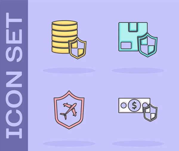 Set Money with shield, , Plane and Delivery security icon. Vector — Image vectorielle