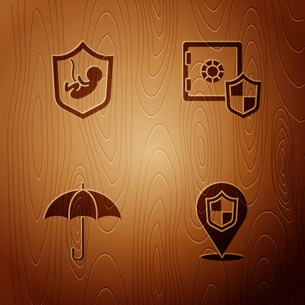Set Location shield, Life insurance with, Umbrella and Safe on wooden background. Vector — Stock Vector