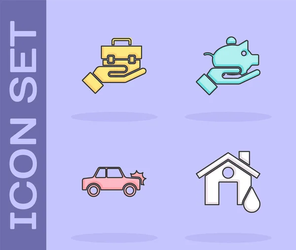 Set House flood, Hand holding briefcase, Car and Piggy bank hand icon. Vector — Stock vektor