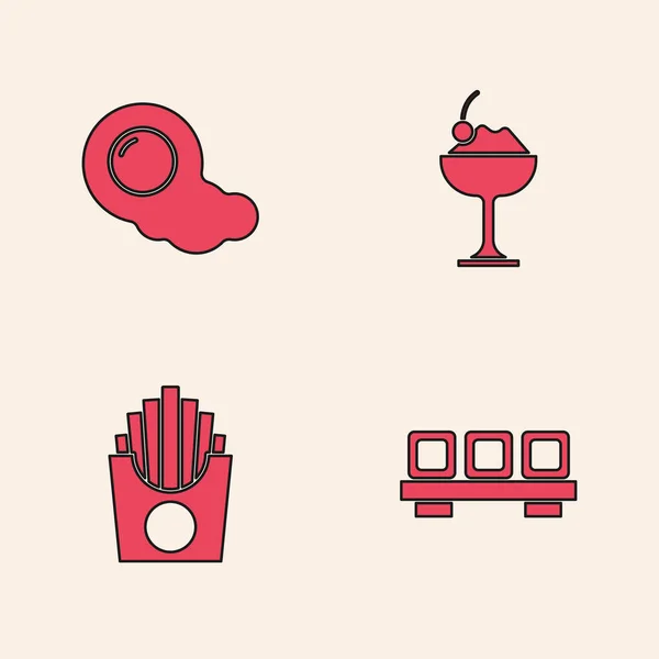 Set Sushi on cutting board, Scrambled eggs, Ice cream bowl and Potatoes french fries box icon. Vector — Stockvector