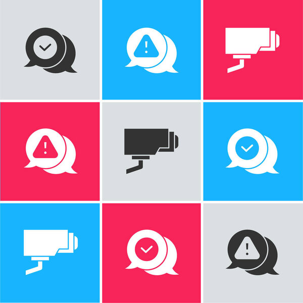 Set Check mark in speech bubble, Exclamation triangle and Security camera icon. Vector