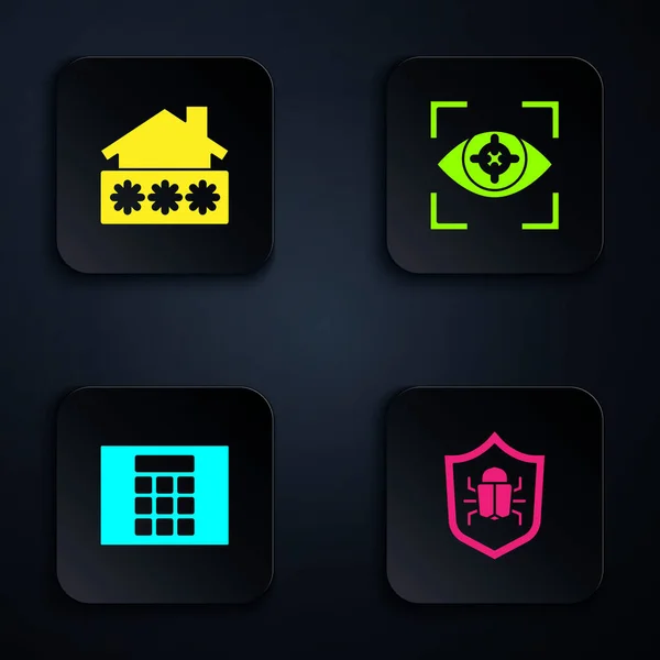 Set System bug, House with password, Password protection and Eye scan. Black square button. Vector —  Vetores de Stock