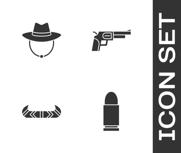 Set Bullet, Western cowboy hat, Kayak or canoe and paddle and Revolver gun icon. Vector — Vetor de Stock