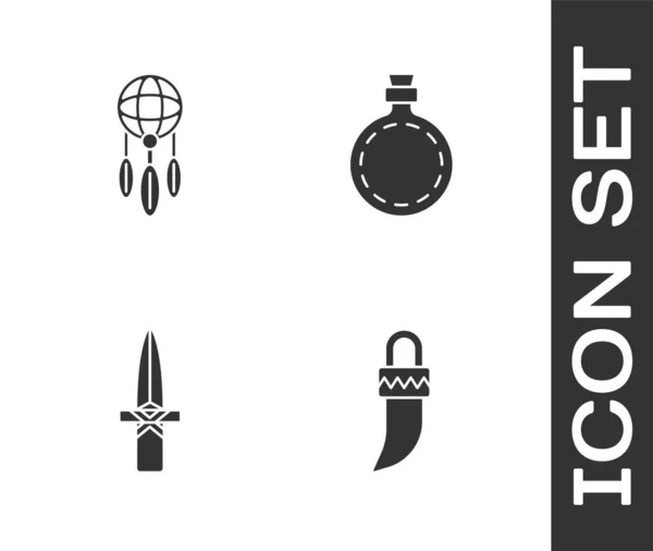 Set Tooth, Dream catcher with feathers, Dagger and Canteen water bottle icon. Vector — Stok Vektör