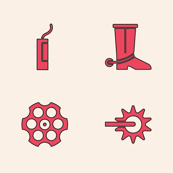 Set Spur, Dynamite bomb, Cowboy boot and Revolver cylinder icon. Vector — Διανυσματικό Αρχείο