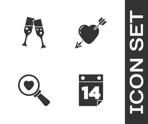 Set Calendar with February 14, Glass of champagne, Search heart and love and Amour arrow icon. Vector — Stockový vektor