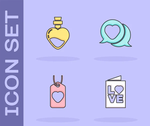 Set Valentines day party flyer, Bottle with love potion, Heart tag and speech bubble icon. Vector — Image vectorielle