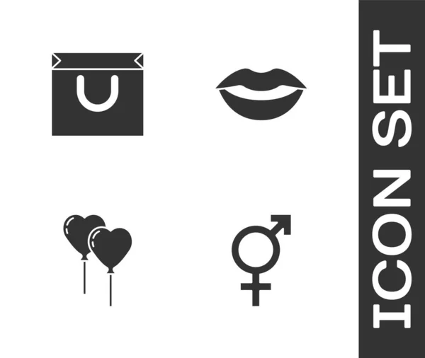 Set Gender, Shopping bag, Balloons form of heart and Smiling lips icon. Vector — Stok Vektör