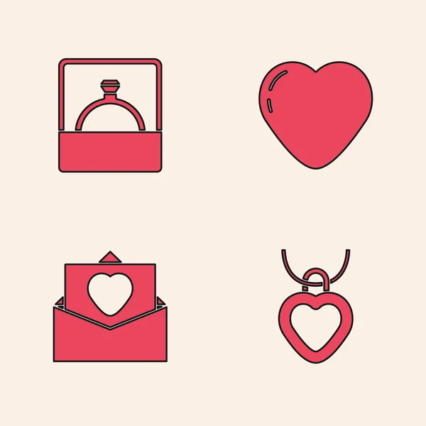 Set Necklace with heart shaped, Diamond engagement ring, Heart and Envelope Valentine icon. Vector — Archivo Imágenes Vectoriales