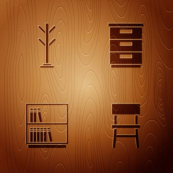 Set Stuhl, Garderobe, Bücherregal und Möbel Nachttisch auf Holzgrund. Vektor — Stockvektor