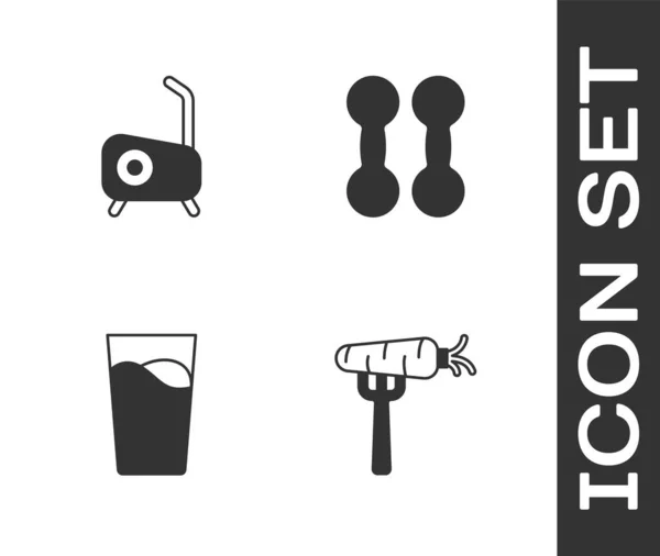 Set Carrot on fork, Stationary bicycle, Glass with water and Dumbbell icon. Vector — 스톡 벡터