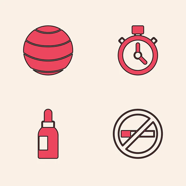 Set No Smoking, Fitness ball, Stopwatch and Essential oil bottle icon. Vector — Stock Vector