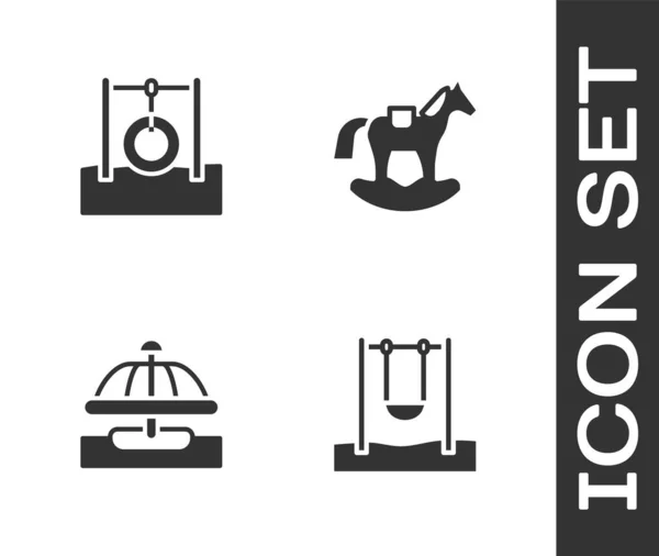 Set Swing, Car tire hanging on rope, Attraction carousel and Horse saddle swing icon. Vector — 스톡 벡터