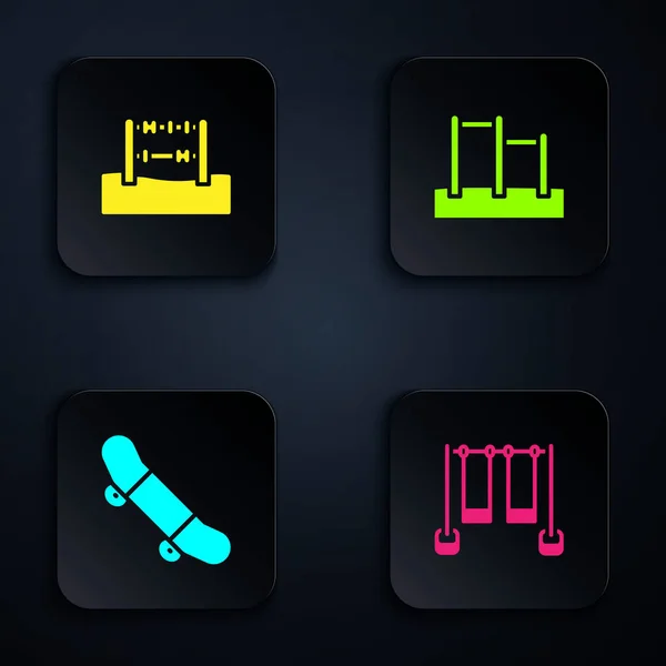 Set Double swing, Abacus, Skateboard trick and Horizontal bar. Black square button. Vector — Stockový vektor