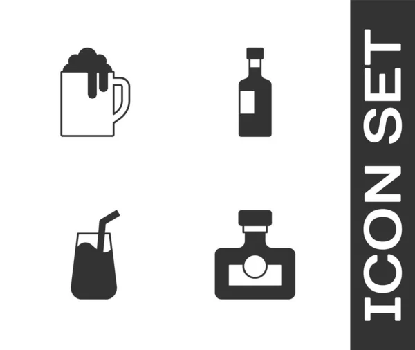 Set Alkoholgetränk Rum, Holzbierkrug, Cocktail- und Weinflaschensymbol. Vektor — Stockvektor
